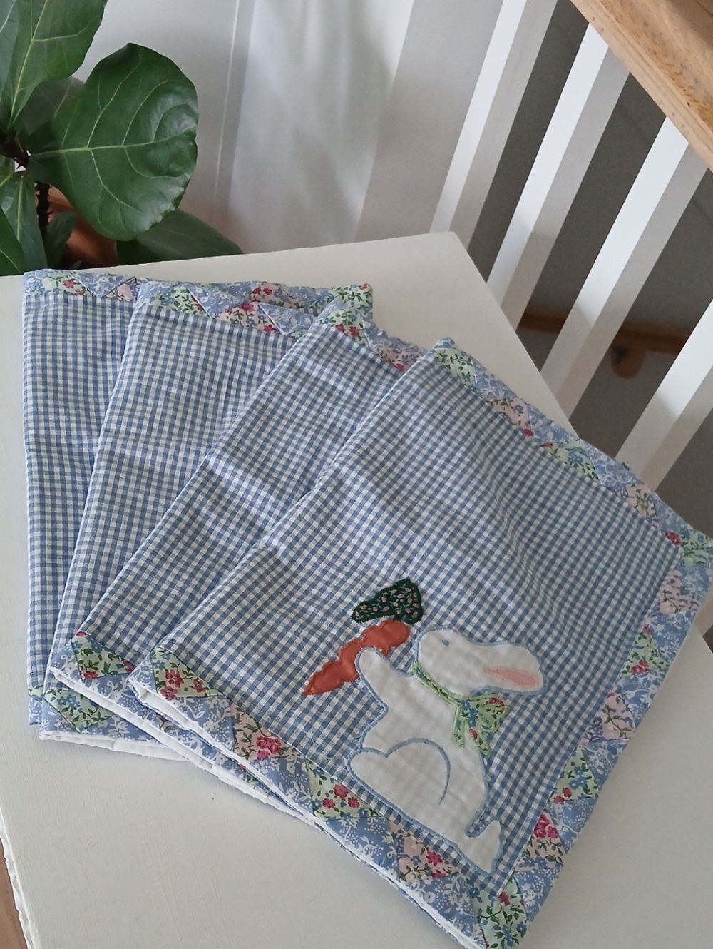 Blue Gingham Bunny Carrot Placemats 100% Cotton 20x14.5"